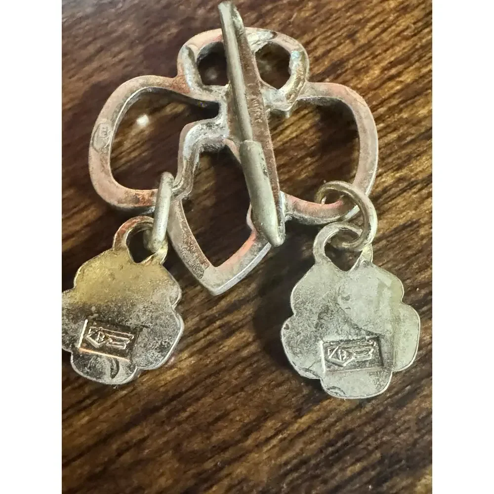 Girl Scouts Signed Trefoil Pin w/ Girl Figure & 2 Dangling Clover Charms